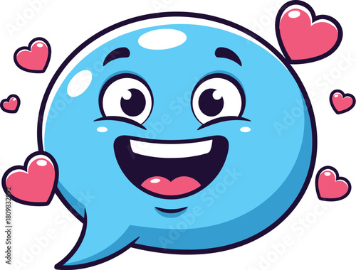 Happy blue speech bubble with hearts expressing love and positive emotion