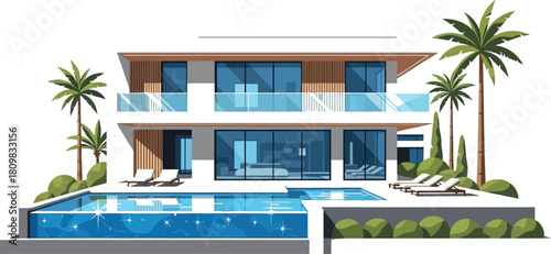 Modern villa with swimming pool and palm trees, luxury home illustration