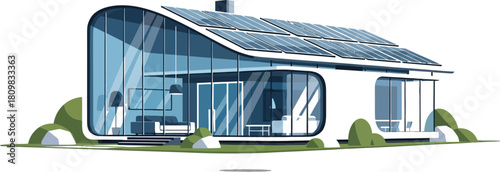 Modern sustainable house with solar panels for energy efficiency, cartoon