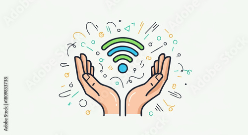 Hands holding a glowing wifi symbol with abstract elements.