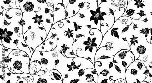 Black and white seamless floral pattern with elegant swirling vines and flowers.