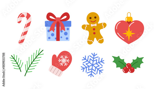 Christmas and winter holiday elements set. candy cane, gift and gingerbread, heart and fir branches, mitten, snowflake and holly. flat style. For festive design, greeting cards, seasonal graphics