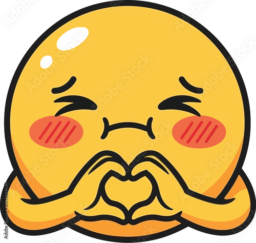 Cute yellow emoji making a heart shape with its hands on white background