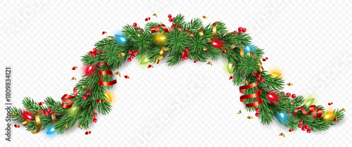 Vector realistic pine tree branches with golden and red confetti, ribbons, berries and lights isolated on a transparent background. Holiday Christmas tree garland for winter decoration banner, poster,