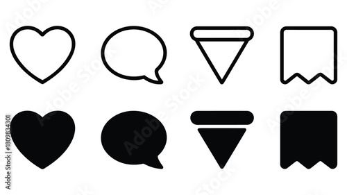 ui icon set showing outlined and filled versions of heart, speech bubble, dropdown arrow, and bookmark for digital interfaces