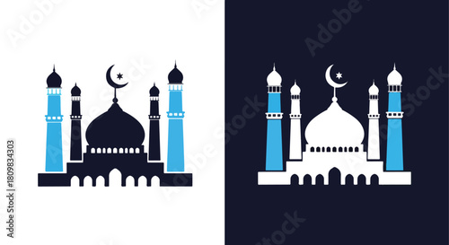 Islamic mosque with minarets and crescent moon - Vector icon symbol for website - Icon vector - Blue icon vector - Line and glyph solid icon and logo template