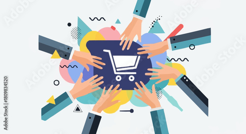 Multiple Hands Reaching for Shopping Cart in Digital Marketplace.