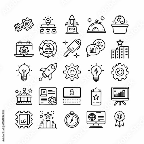Project startup management business related editable stroke outline icons set isolated flat vector illustration on white background
