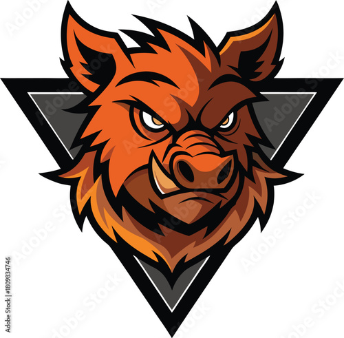 Fierce orange boar head emblem with sharp tusks isolated on white background