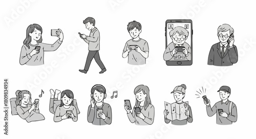 Diverse group of people using smartphones in various everyday situations.