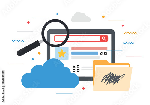 Cloud search data magnification technology concept digital information - Flat Vector Illustration, icon. Editable stroke. Colored vector illustration