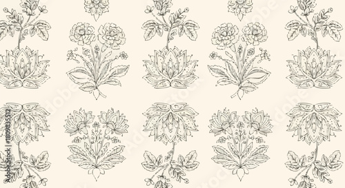 Floral pattern design with symmetrical arrangement of botanical elements.