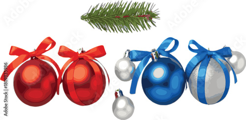  blue and purple christmas ball decoration with fir tree branch and anise star isolated on white or transparent.