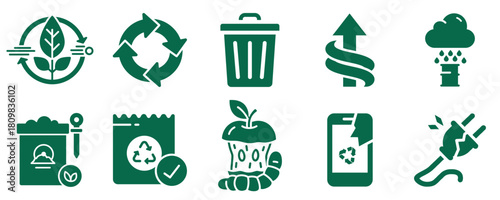 A complete green energy and smart grid icon set featuring 10 solid glyph style symbols for sustainability, recycling, and eco-friendly practices.