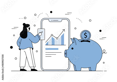 Person interacting with financial data on phone next to piggy bank - Flat Vector Illustration, icon. Editable stroke. Colored vector illustration