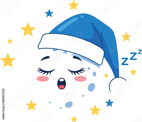 Sleeping moon with nightcap surrounded by stars on a white background