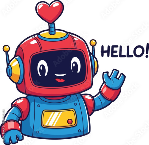 Cheerful red robot waving hello with a heart antenna on white