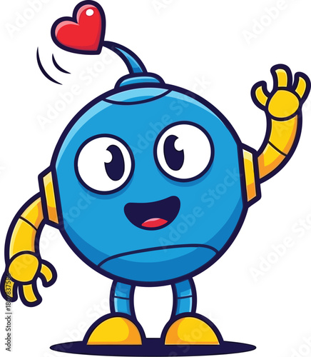 Cheerful blue robot waving with a red heart on a white background