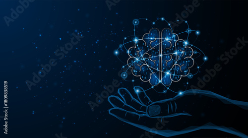 Abstract hand is holding an artificial neural network or artificial intelligence brain. Digital brain science for future learning. modern technology innovation concept background	