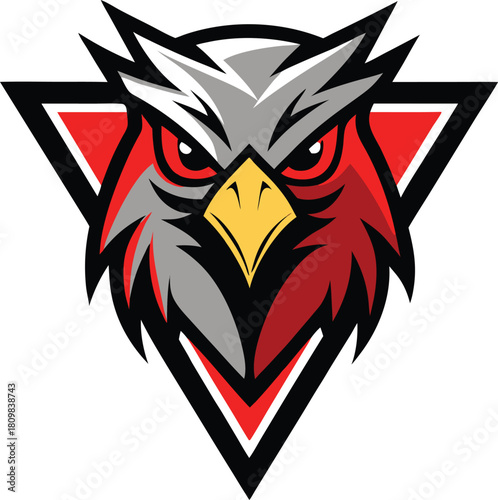 Fierce red and gray owl mascot emblem with sharp features isolated on white background