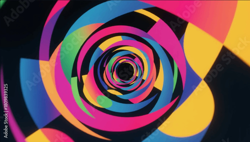 An abstract illustration of a multitude of multicolored geometric elements that twist and direct the viewer's gaze into the center of the composition. Vector graphics. EPS.