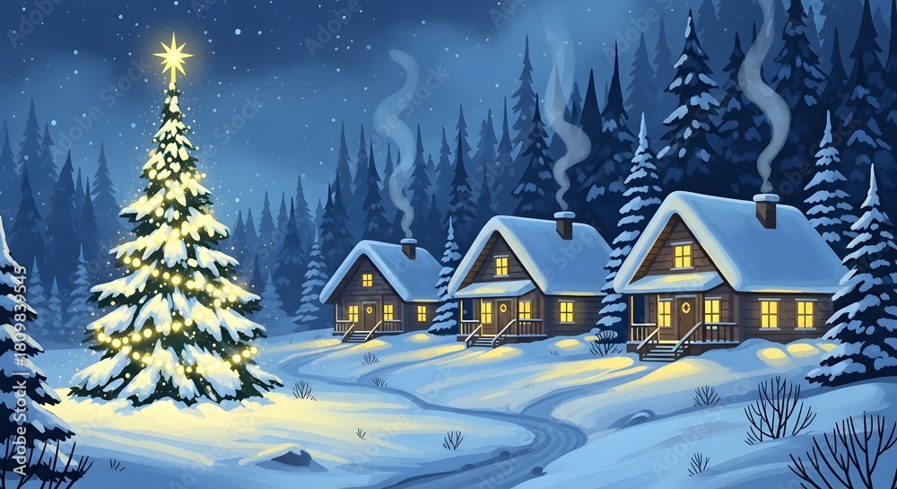 Fototapeta premium Cozy winter village scene with christmas tree and cabins