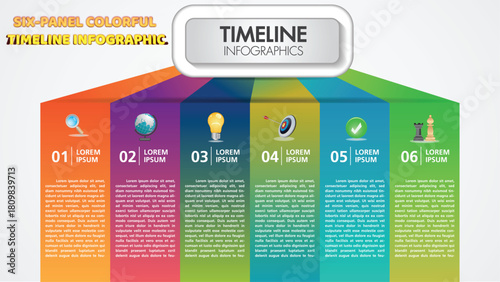 Six-Panel Colorful Timeline Infographic for Business Presentations, Annual Reports, Project Planning, Data Visualization, and Step-by-Step Process Illustration