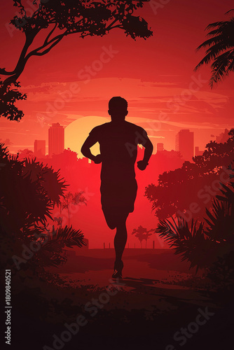 Athlete running through tropical park at sunset with city skyline