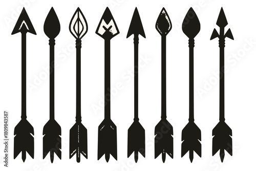 A lineup of tribal-inspired arrows, each with distinct heads, shafts, and symmetrical fletching, white background