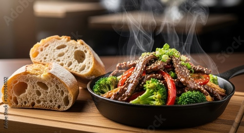 Fototapeta Naklejka Na Ścianę i Meble -  Delicious meal with steamed meat and vegetables beside freshly baked bread