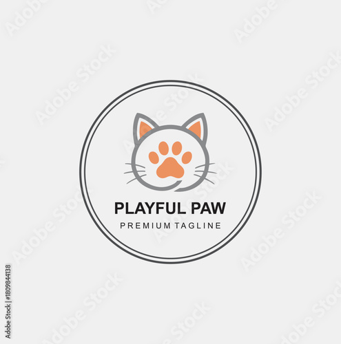 A cute, minimal logo featuring a stylized cat or dog face with a prominent orange paw print inside, enclosed in a circle. Ideal for pet care businesses