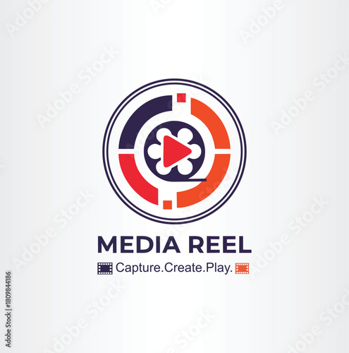 A bold, colorful logo featuring a central film reel and play button surrounded by broken circular segments, representing media, video, production, and entertainment.