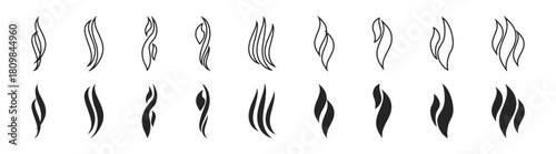 Smoke and steam icon set with aroma, heat, scent and abstract graphic symbols on transparent background