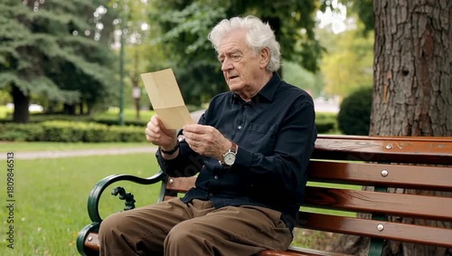 Elderly Man Reading a Letter on a Park Bench, Reflecting on Memories.