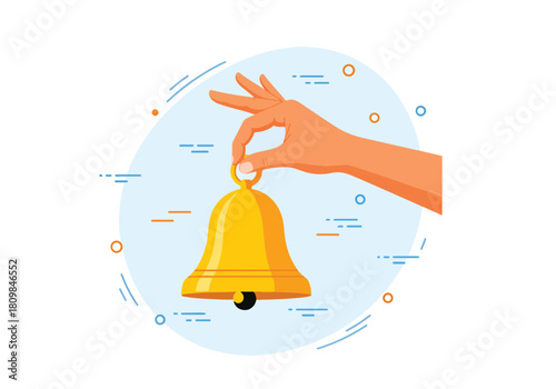 Hand ringing golden bell symbolizing announcement or alert - Flat Vector Illustration, icon. Editable stroke. Colored vector illustration