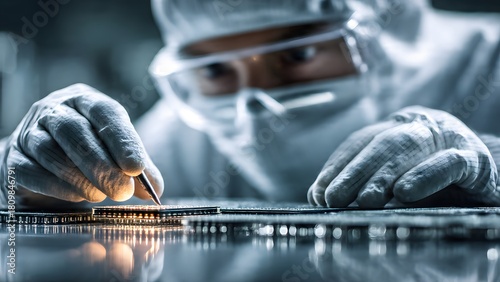 Precision manufacturing of microchips using tweezers in a cleanroom environment for advanced technology development and scientific research