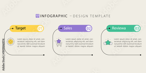 3 step business infographic design template, sales, review, target, modern colorful flat layout marketing strategy, performance analysis, corporate presentation 3 options, vector illustration.
