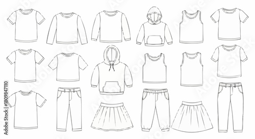 Collection of Childrens Clothing Line Art Illustrations.