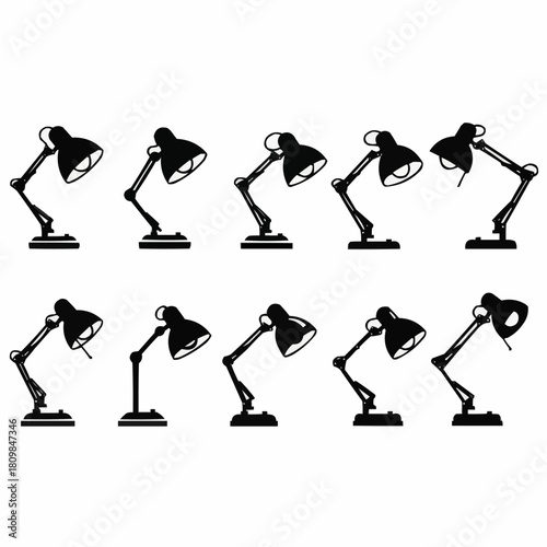 Collection of ten black silhouette desk lamps with adjustable arms.