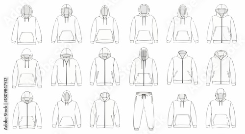 Collection of various hoodie and sweatshirt flat sketches for fashion design.