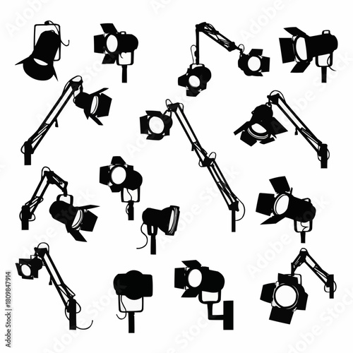 A diverse collection of studio and stage lighting equipment silhouettes.