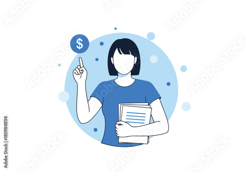 Young woman holding books and dollar sign icon symbolizing finance - Flat Vector Illustration, icon. Editable stroke. Colored vector illustration