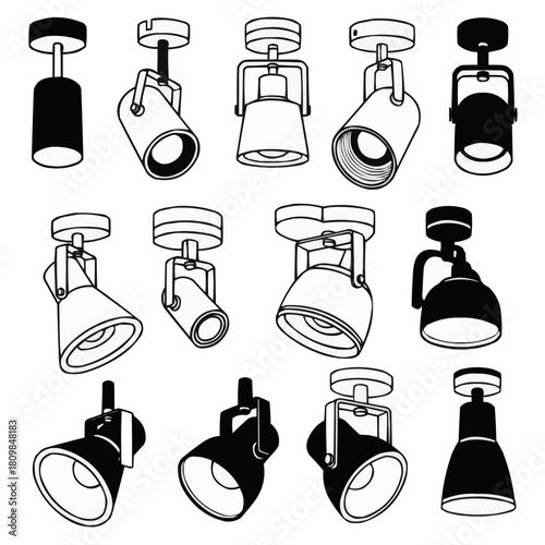 Collection of various modern track lighting fixtures and spotlights.