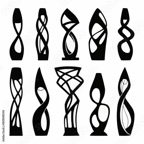 Collection of abstract sculptures with elegant twisted forms.