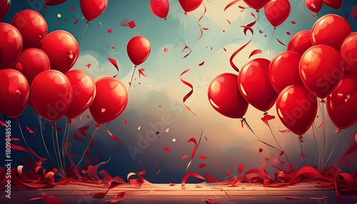 red balloons confetti ribbons celebration