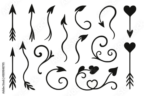 Vector-style arrangement of elegant arrows, each with different pointed, curved, or heart-shaped tips, white background