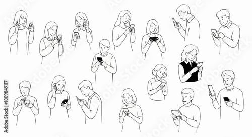 Diverse Group of People Engaged with Smartphones in Various Poses.