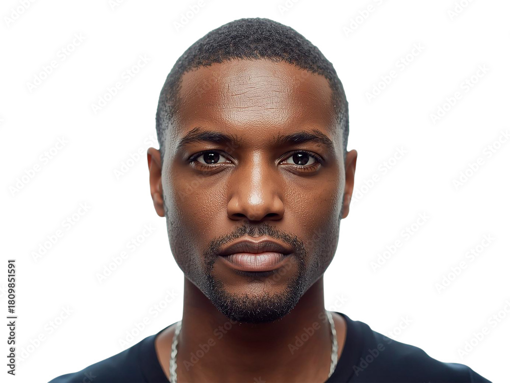 Obraz premium Close-up portrait of a confident young Black man with a serious expression, looking directly at the camera. Ideal for professional and diverse representation in design projects. High-quality PNG wi