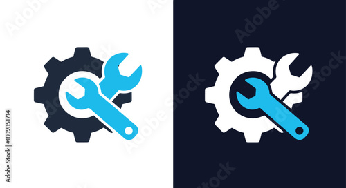 Two gears and wrench icons in blue and gray - Vector icon symbol for website - Icon vector - Blue icon vector - Line and glyph solid icon and logo template