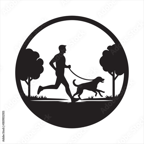 Runner with Dog in Park vector silhouette outline logo design concept illustration